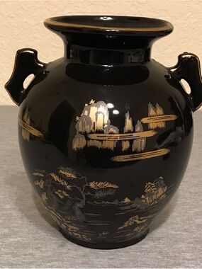 Vintage Japanese Black Lacquer Vase 8.5” Double Handle Vase Decor Made in Japan